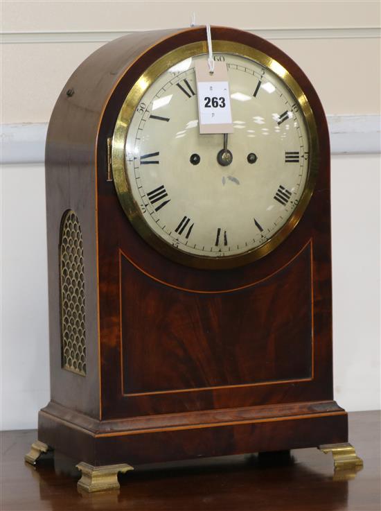 A Regency boxwood strung mahogany mantel clock, 17.25in.